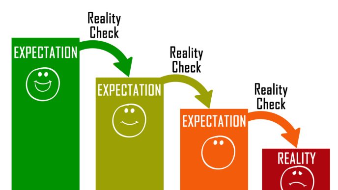 Graph of expectation in green, moving down to reality in red