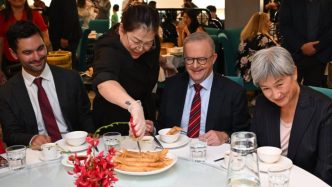 Australian Prime Minister Anthony Albanese, Labor candidate for Menzies Gabriel Ng and Australian foreign minister Penny Wong attend a lunch event at the Golden Lilly restaurant