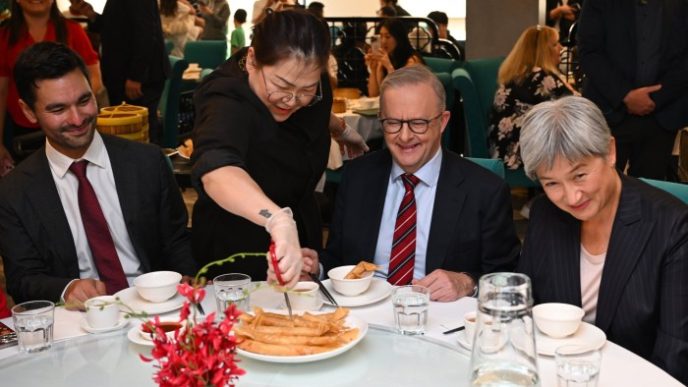 Australian Prime Minister Anthony Albanese, Labor candidate for Menzies Gabriel Ng and Australian foreign minister Penny Wong attend a lunch event at the Golden Lilly restaurant