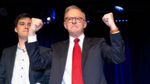 Australia’s Prime Minister Anthony Albanese celebrates his party’s re-election on Saturday night