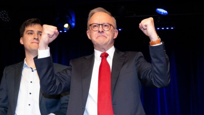 Australia’s Prime Minister Anthony Albanese celebrates his party’s re-election on Saturday night
