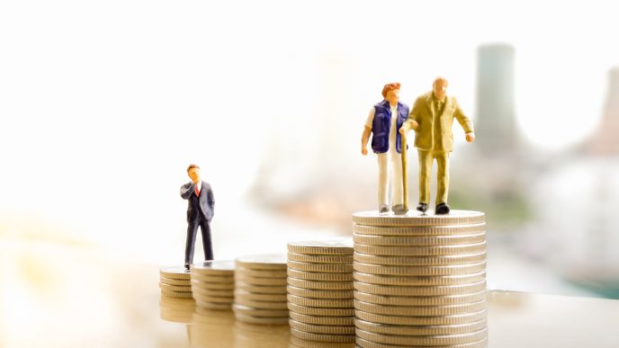 Old couple walking on pile of coins, businessman behind them on other pile of coins