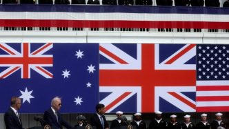 From left: Australian prime minister Anthony Albanese, former US president Joe Biden and former UK PM Rishi Sunak discuss the Aukus pact in San Diego in 2023