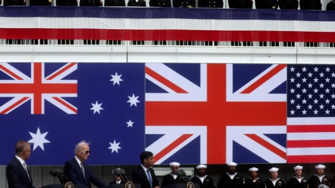 From left: Australian prime minister Anthony Albanese, former US president Joe Biden and former UK PM Rishi Sunak discuss the Aukus pact in San Diego in 2023