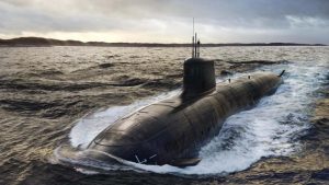 A digital rendering of the new SSN-Aukus submarine navigating through choppy ocean waters