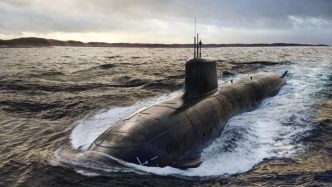 A digital rendering of the new SSN-Aukus submarine navigating through choppy ocean waters