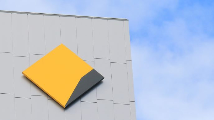 Commonwealth Bank logo on the side of a building