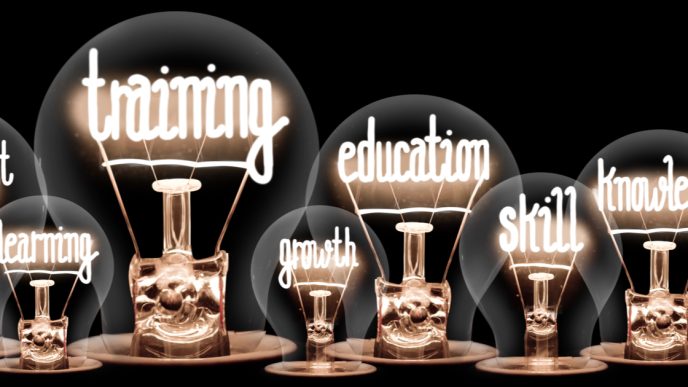 Light bulbs with various words inside them such as training, education, growth, skill